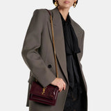 Saint Laurent Sunset Small Patent Leather Shoulder Bag (Red Wine)